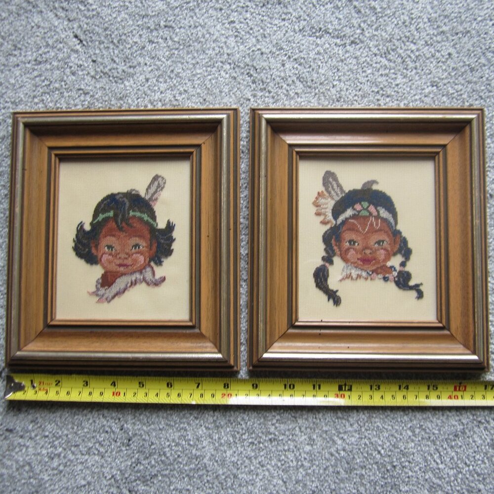 Cross Stitch Pictures Of Indigenous Children Lot of 2 -SZ 9 1/4" x 8 3/8"